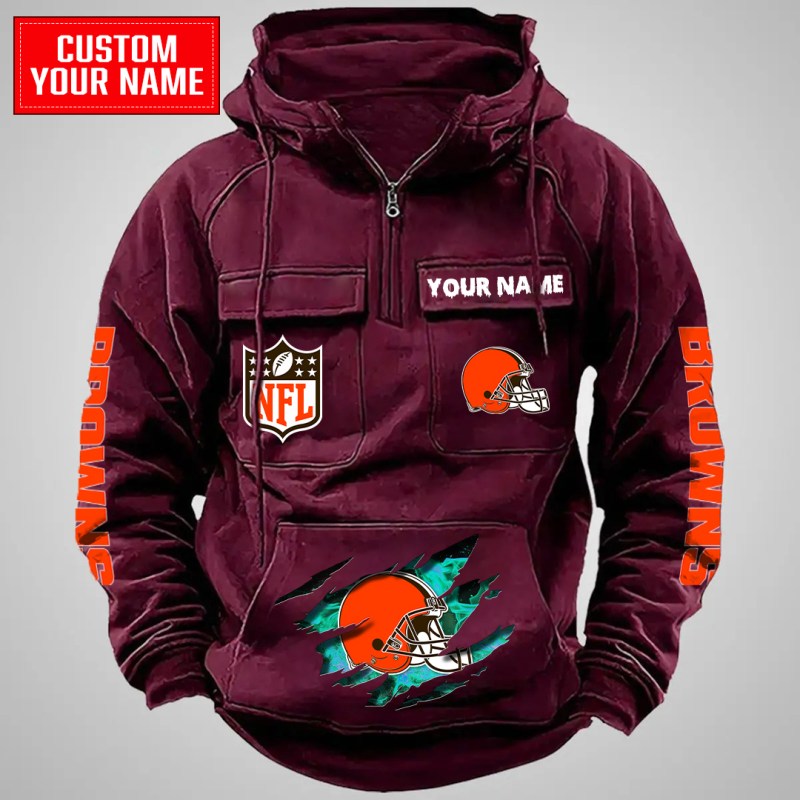 Cleveland Browns Multi-Pockets Zip Hoodie in Red