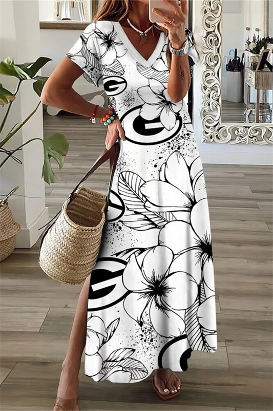Green Bay Packers V-Neck Side Slit Long Dress