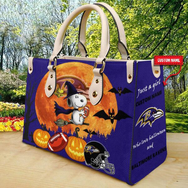 Custom Name Baltimore Ravens NFL Snoopy Halloween Women Leather