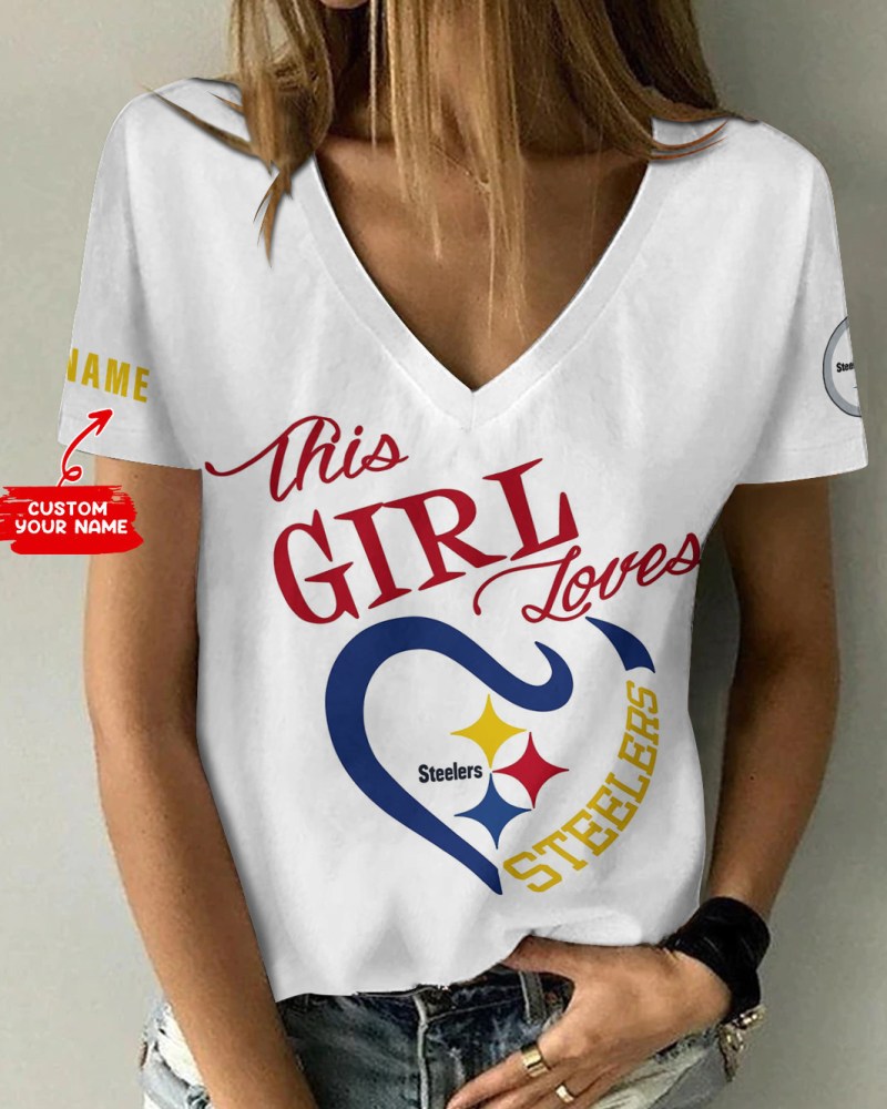 Pittsburgh Steelers Personalized Summer V-neck Women T-shirt
