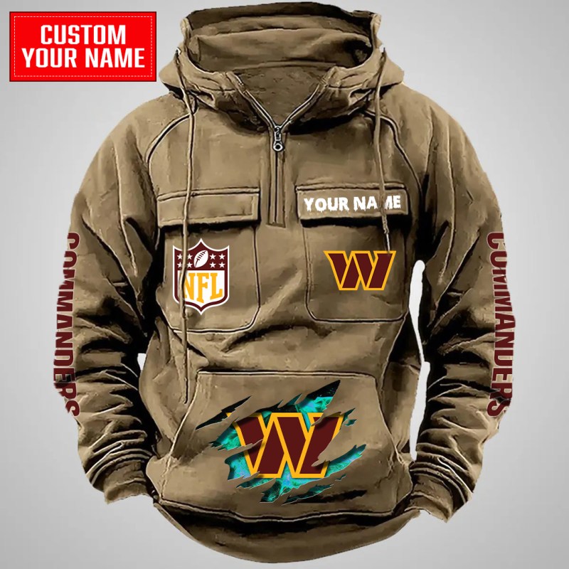 Washington Commanders Multi-Pockets Zip Hoodie in Khaki