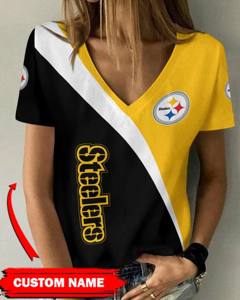 Pittsburgh Steelers Personalized V-neck T-shirt Front View