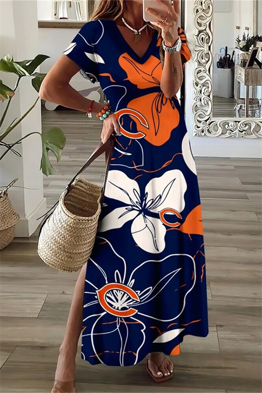 Chicago Bears V-Neck Side Slit Long Dress