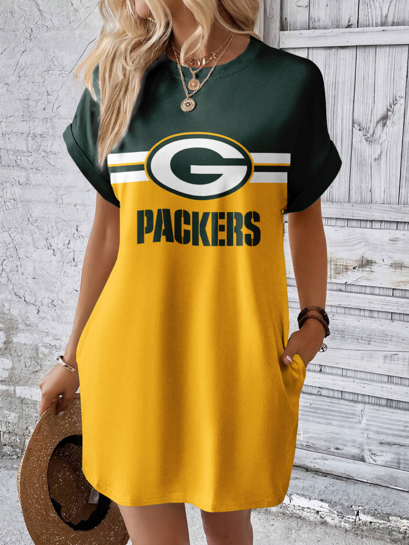Green Bay Packers Women Hidden Pocket Batwing Casual Dress
