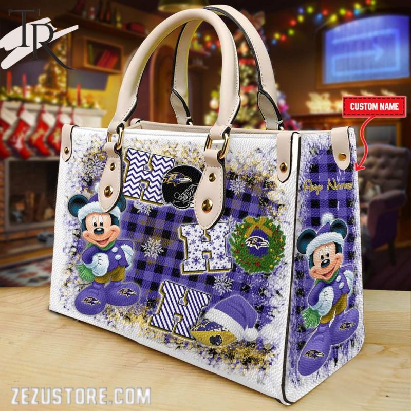 Baltimore Ravens Personalized Ho Ho Ho Christmas Leather Hand Bag