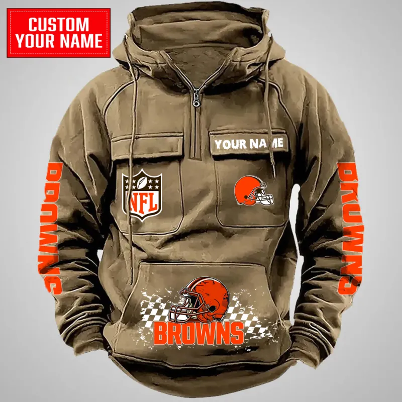 Cleveland Browns Multi-Pockets Zip Hoodie Khaki