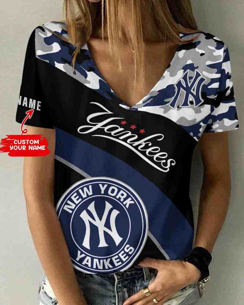 New York Yankees Personalized Summer V-neck Women T-shirt is perfect for fans