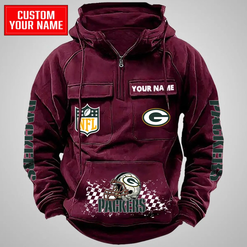 Red Green Bay Packers Multi-Pockets Zip Hoodie