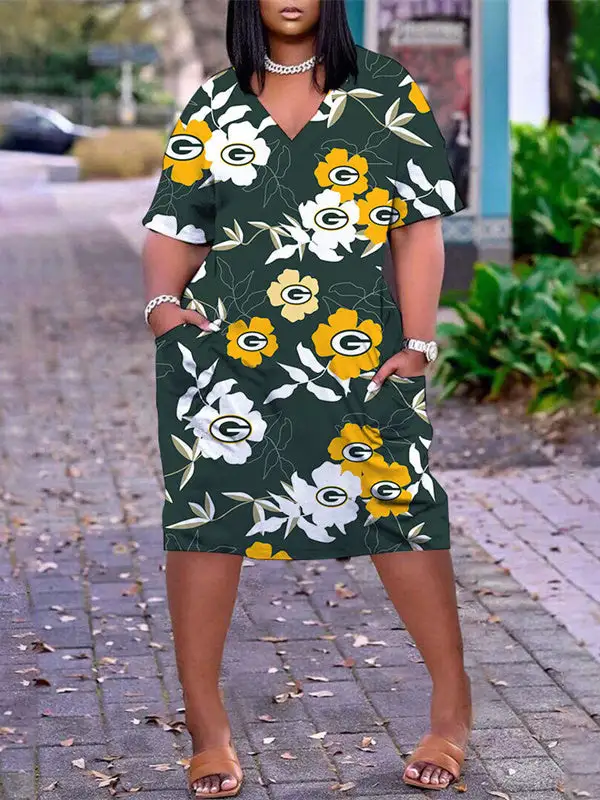 Green Bay Packers V-neck Casual Pocket Dress