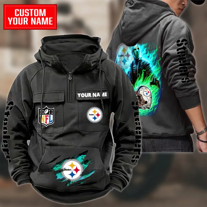 Pittsburgh Steelers Multi-Pockets Zip Hoodie Black