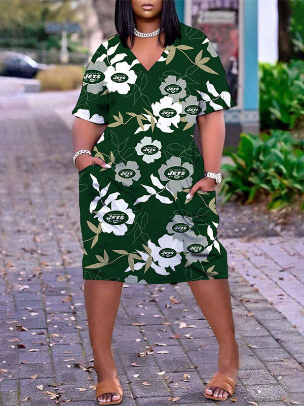 New York Jets V-neck Casual Pocket Dress