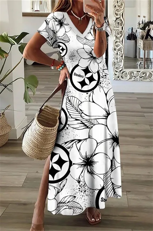 Pittsburgh Steelers V-Neck Side Slit Long Dress